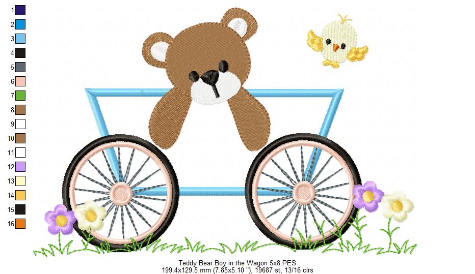 Teddy Bear Boy in the Wagon - Applique - Machine Embroidery Design