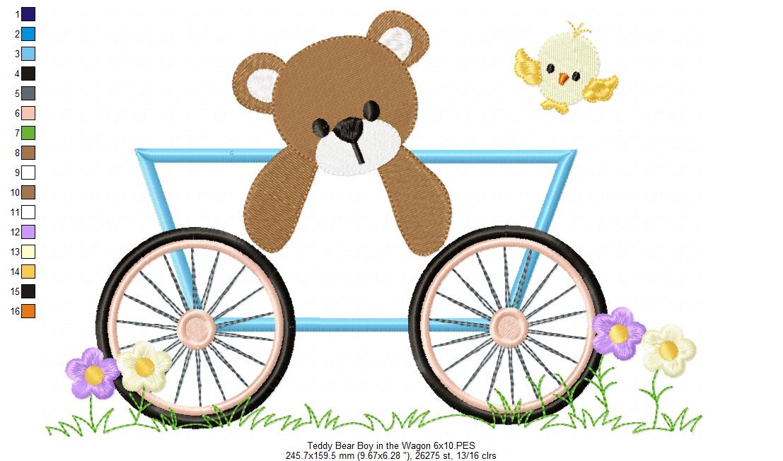 Teddy Bear Boy and Girl in the Wagon - Applique - Set of 2 designs