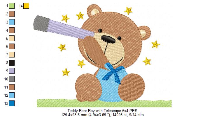 Teddy Bear Boy and Girl With Telescope - Fill Stitch - Set of 2 designs