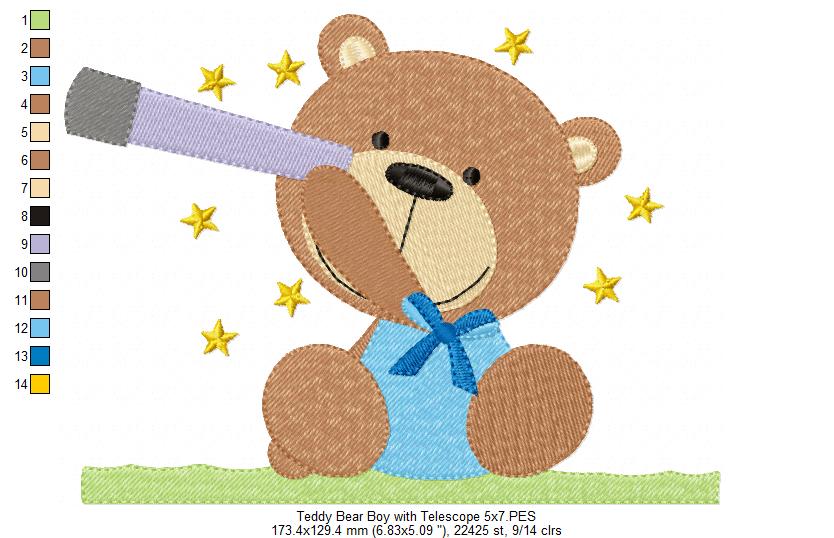 Teddy Bear Boy and Girl With Telescope - Fill Stitch - Set of 2 designs