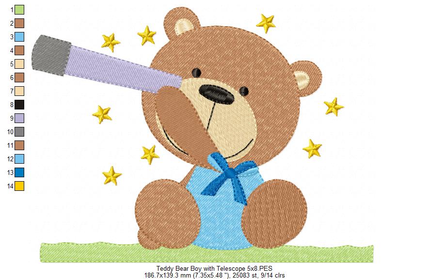 Teddy Bear Boy and Girl With Telescope - Fill Stitch - Set of 2 designs