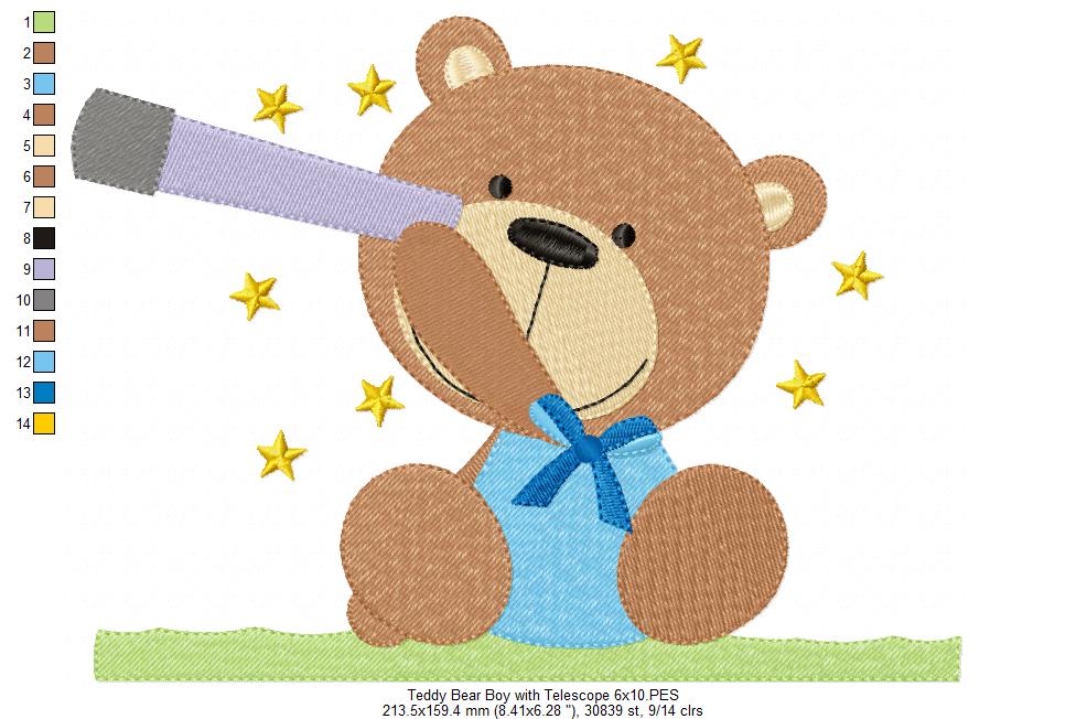 Teddy Bear Boy and Girl With Telescope - Fill Stitch - Set of 2 designs