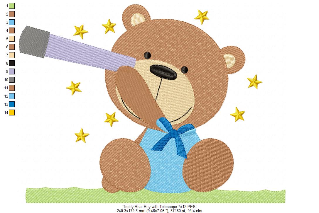 Teddy Bear Boy and Girl With Telescope - Fill Stitch - Set of 2 designs
