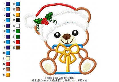 Santa Bear Holding a Gift - Applique Machine Embroidery Design