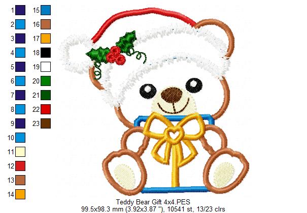 Santa Bear Holding a Gift - Applique Machine Embroidery Design