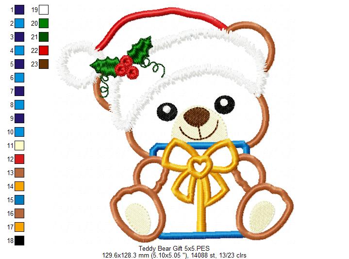 Santa Bear Holding a Gift - Applique Machine Embroidery Design