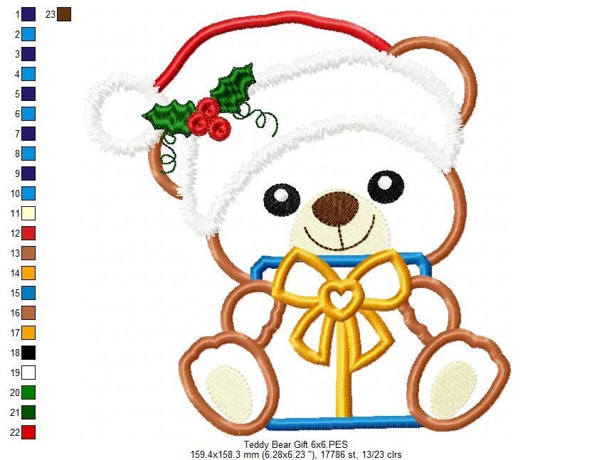Santa Bear Holding a Gift - Applique Machine Embroidery Design