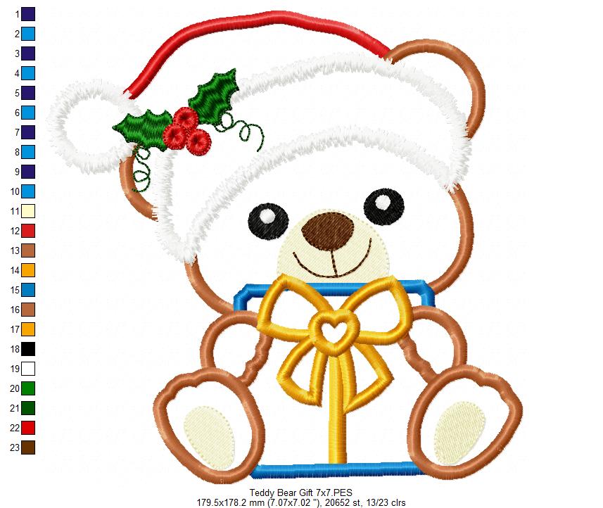 Santa Bear Holding a Gift - Applique Machine Embroidery Design