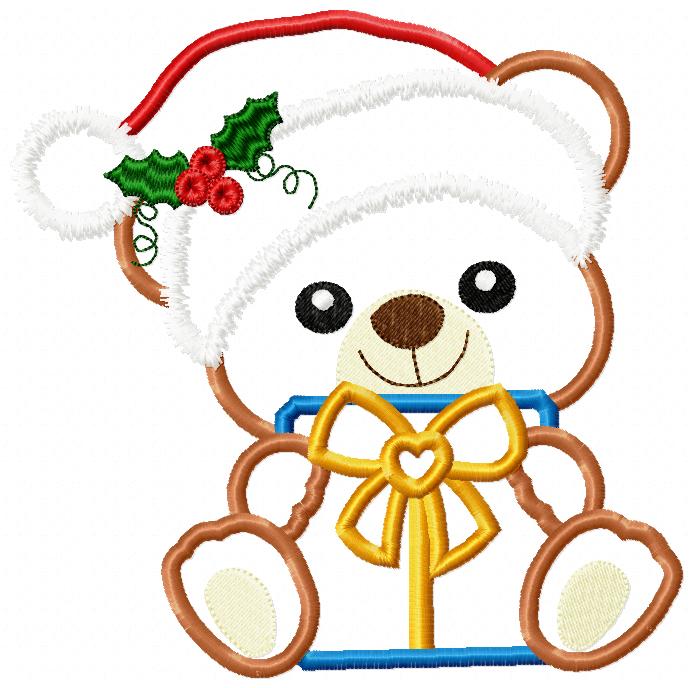 Santa Bear Holding a Gift - Applique Machine Embroidery Design