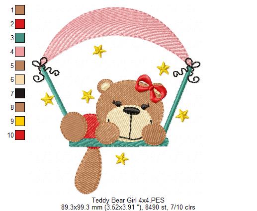 Teddy Bear Boy and Girl on the Swing - Fill Stitch - Set of 2 designs
