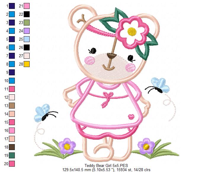 Teddy Bear Girl - Applique - Machine Embroidery Design