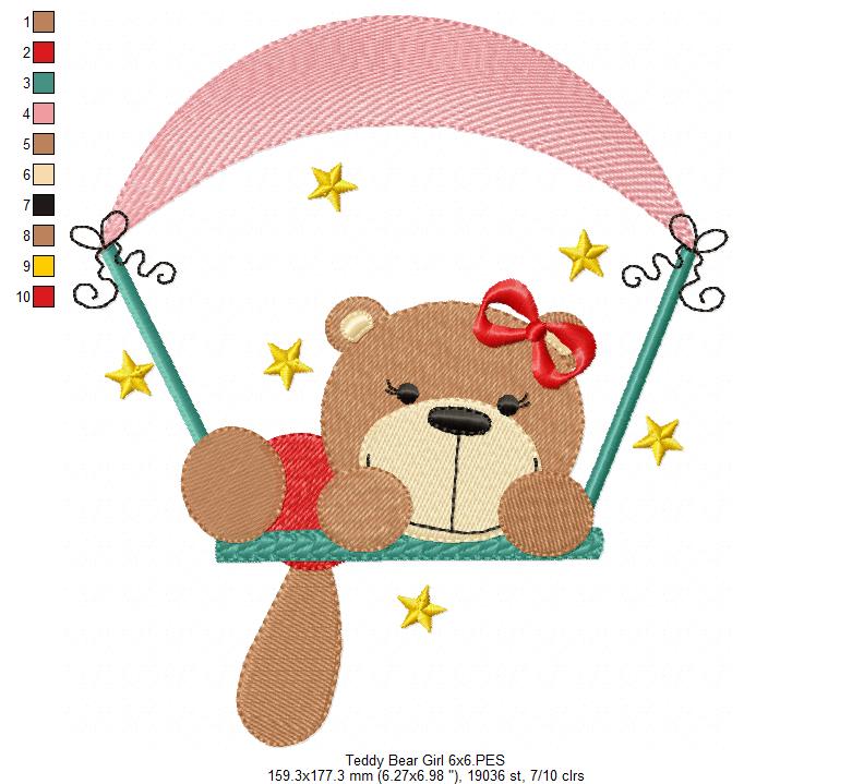 Teddy Bear Boy and Girl on the Swing - Fill Stitch - Set of 2 designs