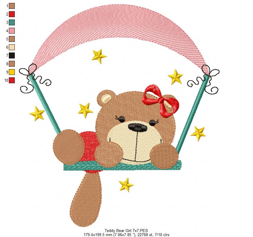 Teddy Bear Boy and Girl on the Swing - Fill Stitch - Set of 2 designs