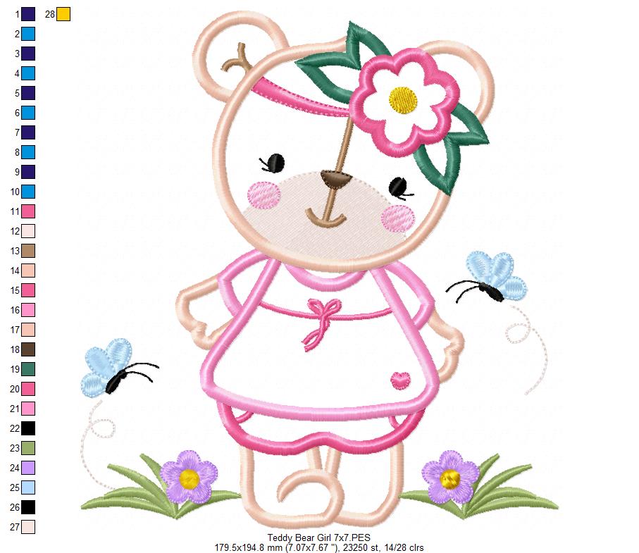 Teddy Bear Girl - Applique - Machine Embroidery Design