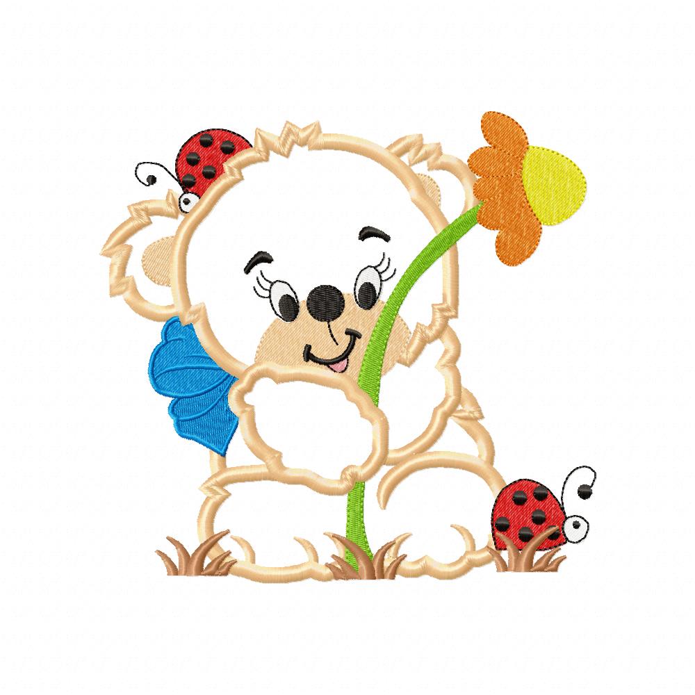 Teddy Bear Girl with Big Flower - Applique