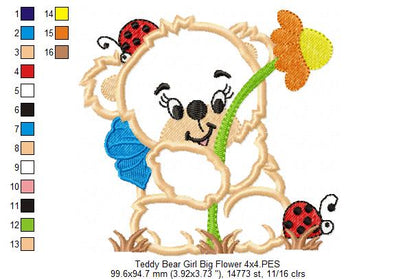 Teddy Bear Girl with Big Flower - Applique