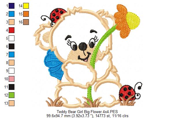 Teddy Bear Girl with Big Flower - Applique