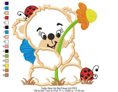 Teddy Bear Girl with Big Flower - Applique