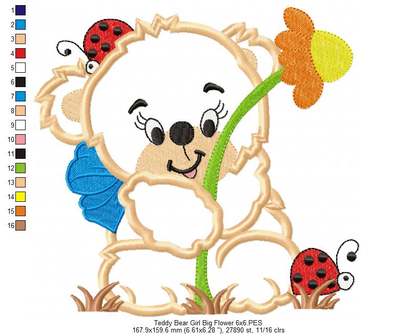 Teddy Bear Girl with Big Flower - Applique