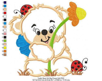 Teddy Bear Girl with Big Flower - Applique