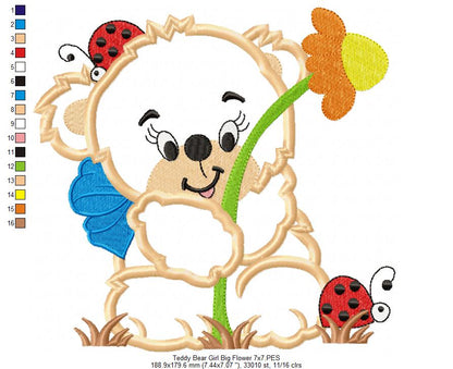 Teddy Bear Girl with Big Flower - Applique