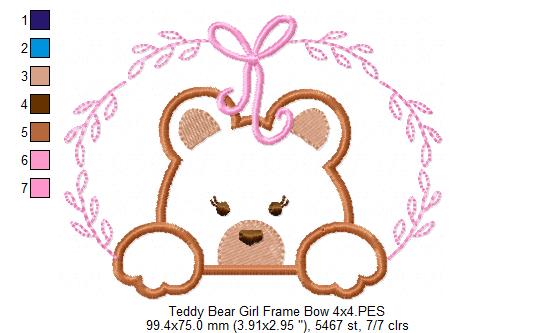 Teddy Bear Girl, Frame and Bow - Applique