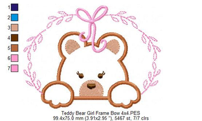 Teddy Bear Girl, Frame and Bow - Applique