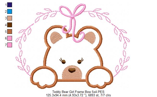 Teddy Bear Girl, Frame and Bow - Applique