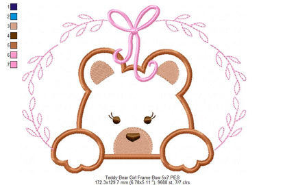 Teddy Bear Girl, Frame and Bow - Applique