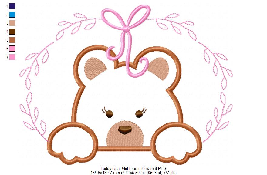 Teddy Bear Girl, Frame and Bow - Applique