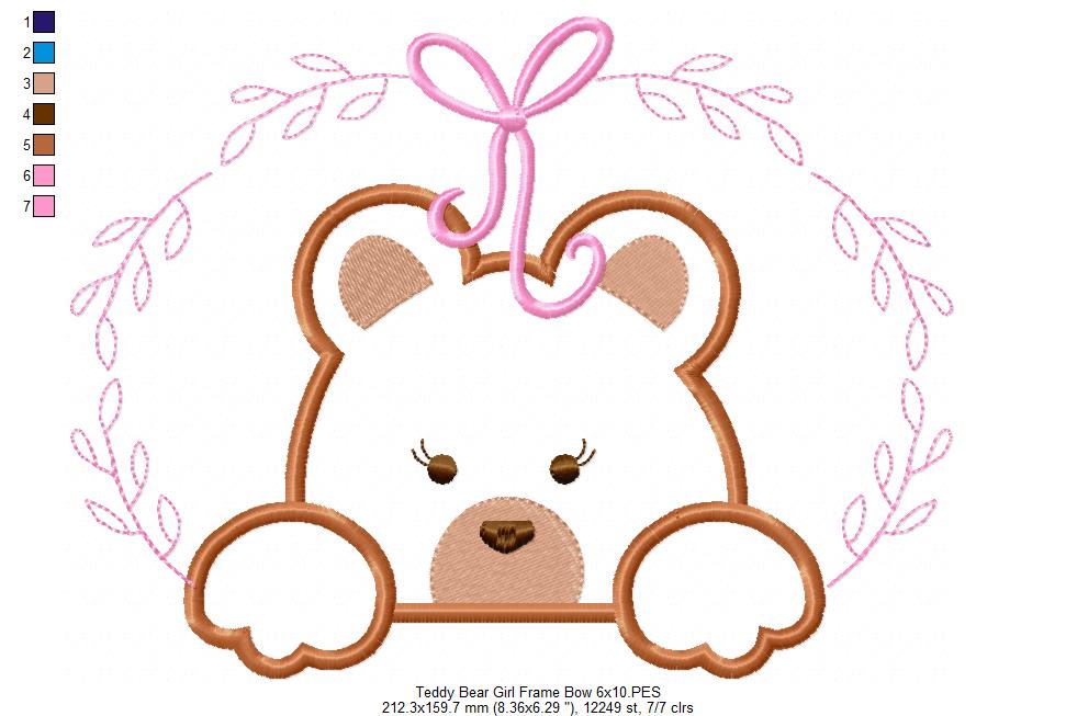 Teddy Bear Girl, Frame and Bow - Applique