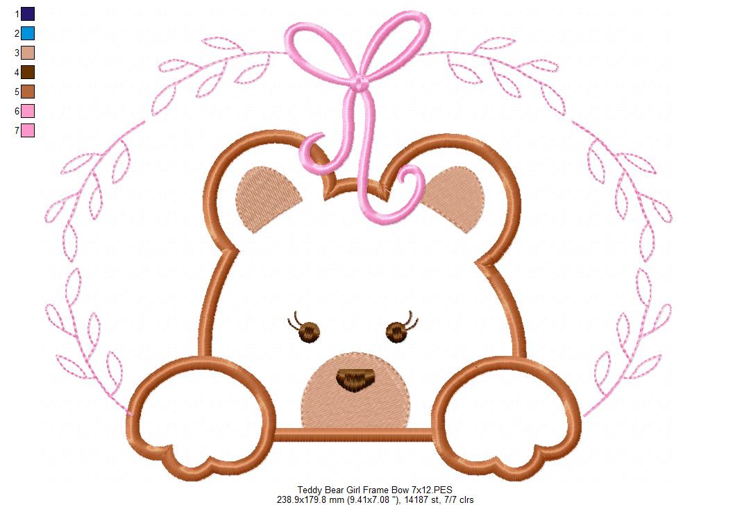 Teddy Bear Girl, Frame and Bow - Applique