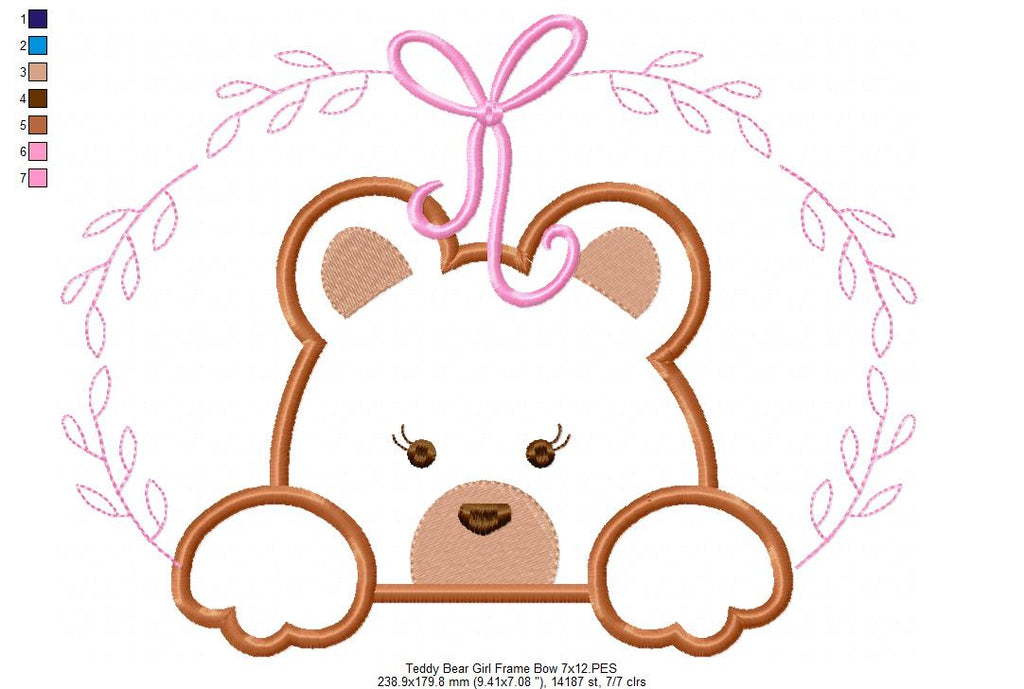 Teddy Bear Girl, Frame and Bow - Applique