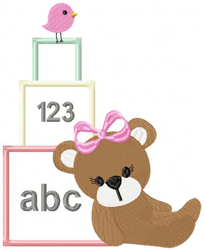 Teddy Bear Girl and School Boxes - Applique Embroidery