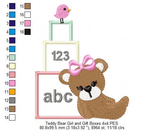 Teddy Bear Girl and School Boxes - Applique Embroidery