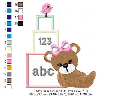 Teddy Bear Boy and Girl and Gift Boxes - Applique - Set of 2 designs