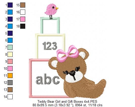 Teddy Bear Girl and Gift Boxes - Applique