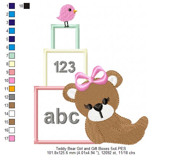 Teddy Bear Girl and School Boxes - Applique Embroidery