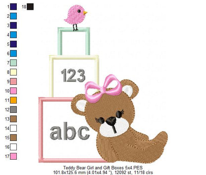Teddy Bear Boy and Girl and Gift Boxes - Applique - Set of 2 designs