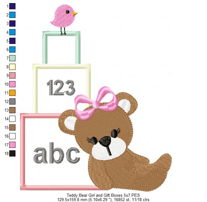 Teddy Bear Girl and School Boxes - Applique Embroidery