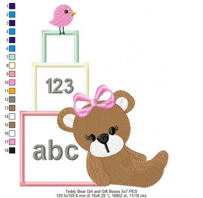 Teddy Bear Girl and School Boxes - Applique Embroidery