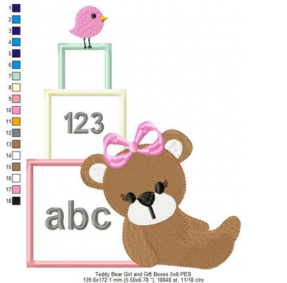 Teddy Bear Girl and School Boxes - Applique Embroidery
