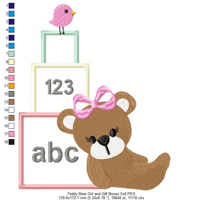 Teddy Bear Girl and School Boxes - Applique Embroidery