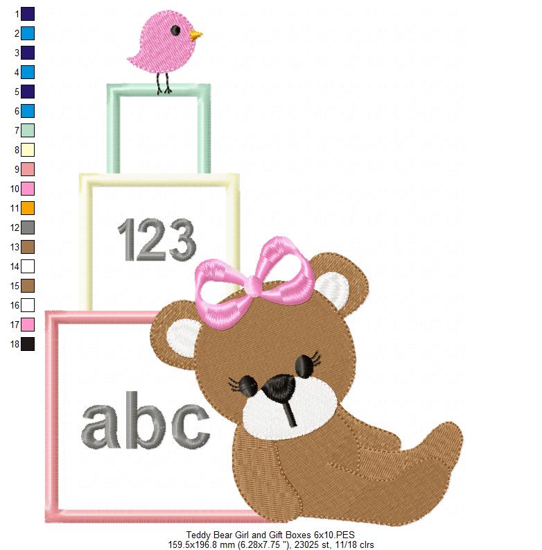 Teddy Bear Girl and School Boxes - Applique Embroidery