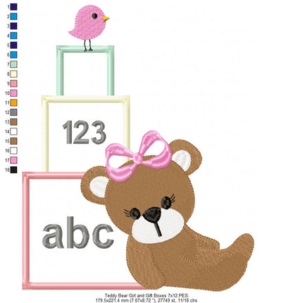 Teddy Bear Girl and School Boxes - Applique Embroidery