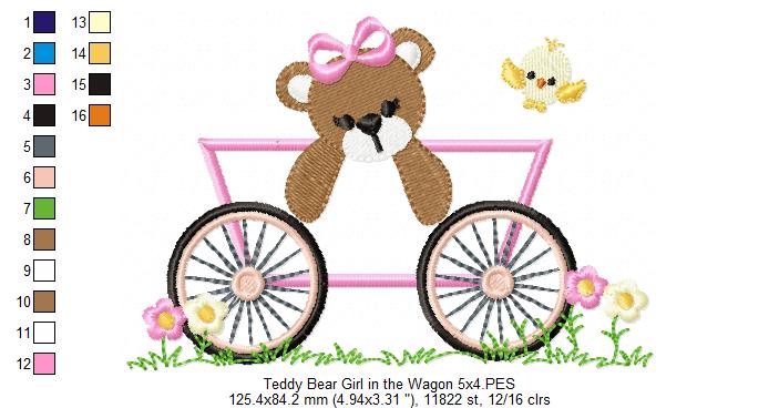 Teddy Bear Boy and Girl in the Wagon - Applique - Set of 2 designs