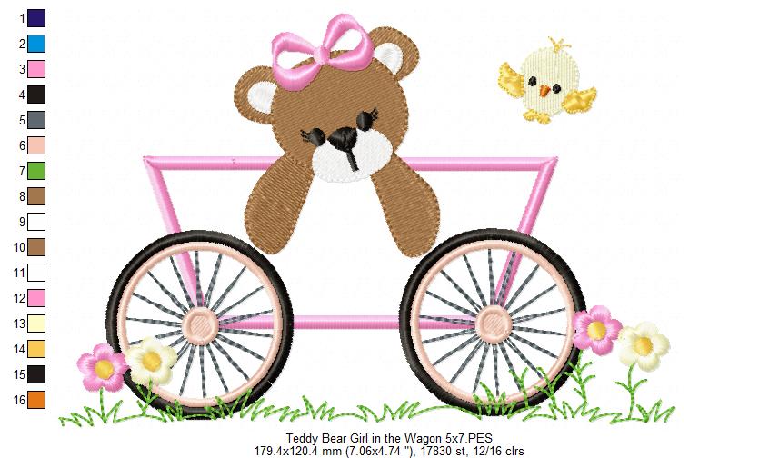 Teddy Bear Girl in the Wagon - Applique - Machine Embroidery Design
