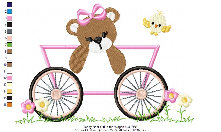 Teddy Bear Girl in the Wagon - Applique - Machine Embroidery Design