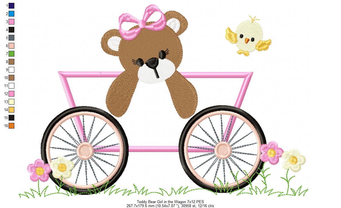 Teddy Bear Girl in the Wagon - Applique - Machine Embroidery Design