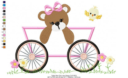 Teddy Bear Girl in the Wagon - Applique - Machine Embroidery Design